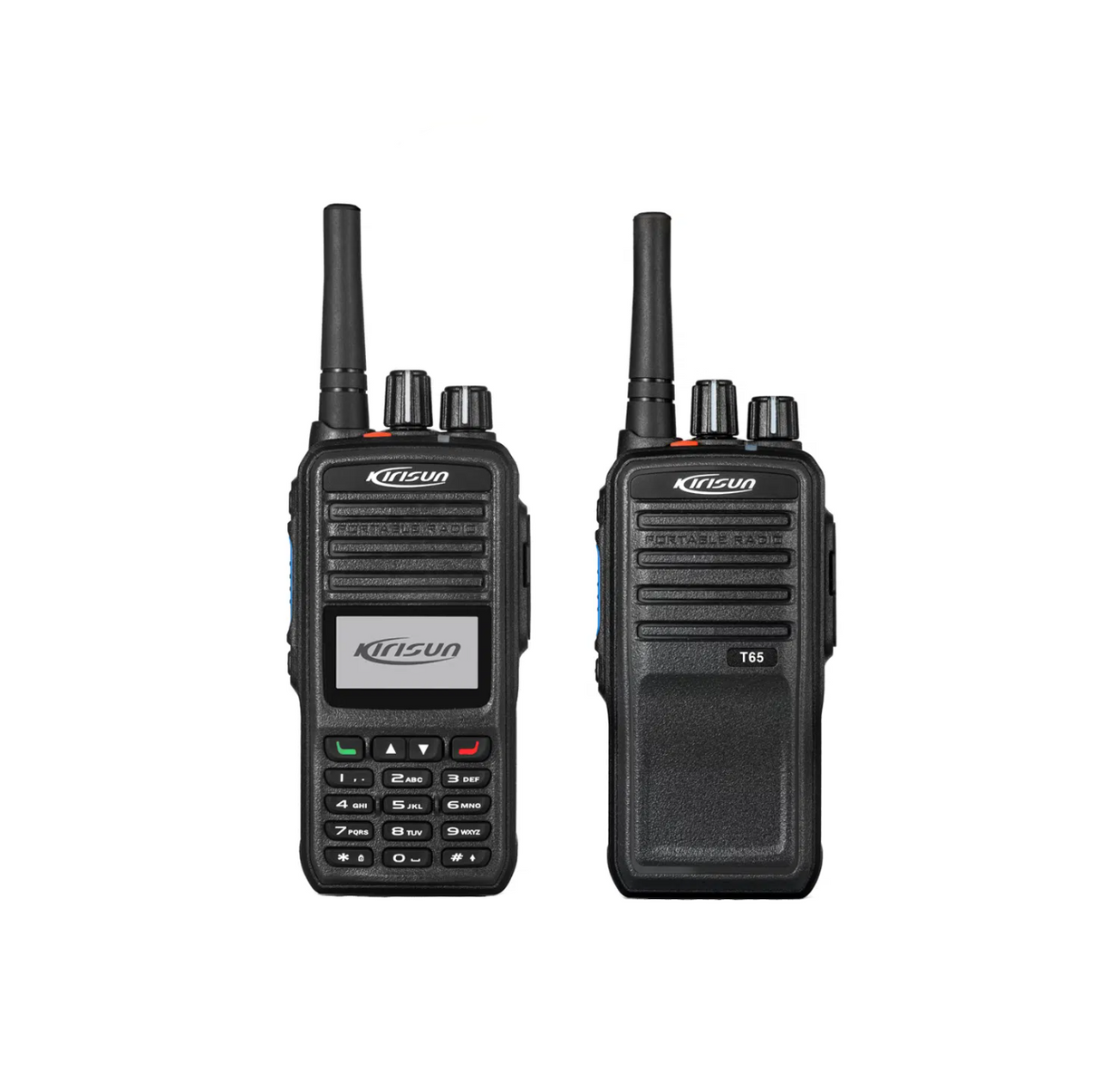 Two black walkie-talkies with visible branding on a white background