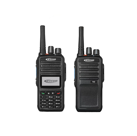 Two black walkie-talkies with visible branding on a white background